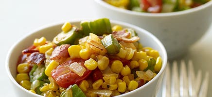 Okra, corn, and tomato saute