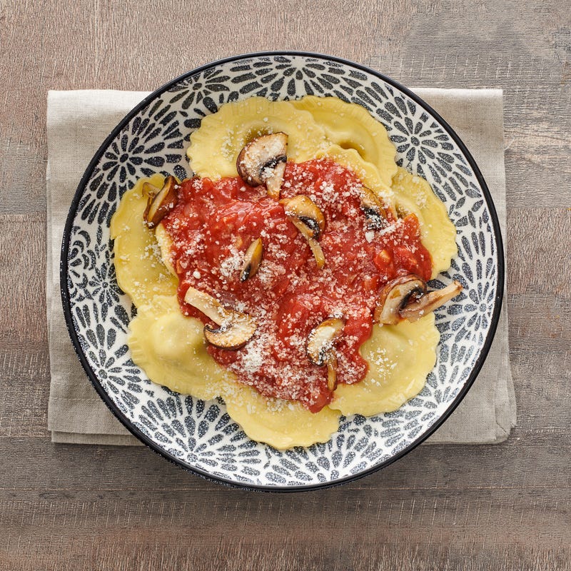 Wild mushroom ravioli in simple tomato sauce