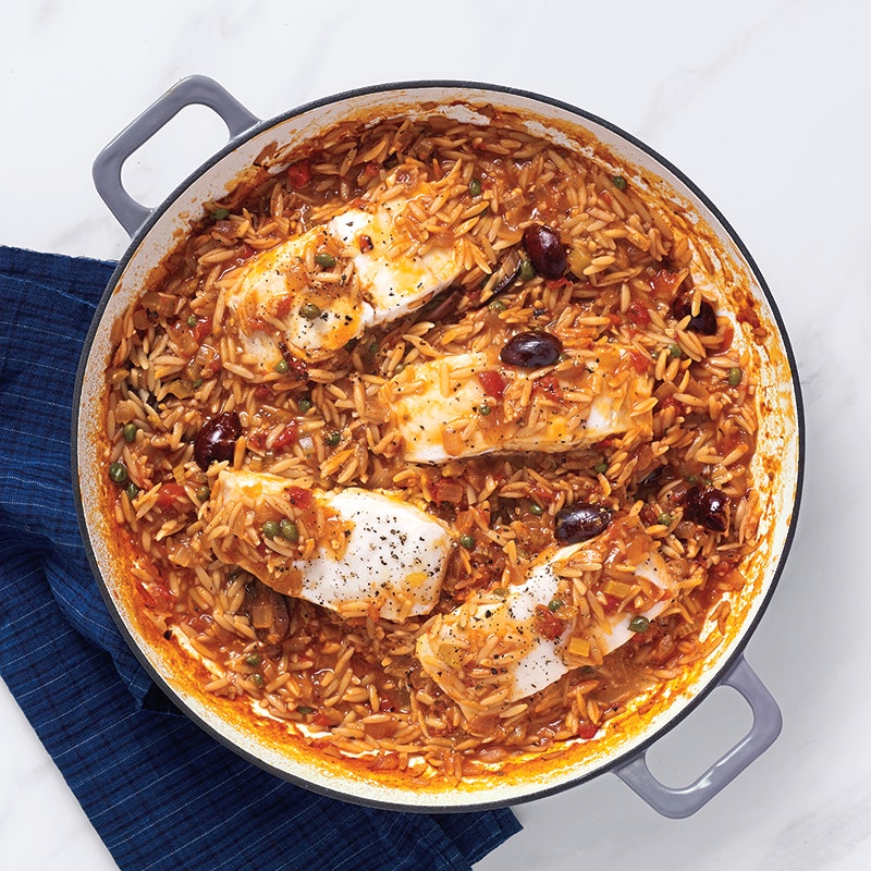 Halibut Braised with Tomatoes, Capers, and Olives