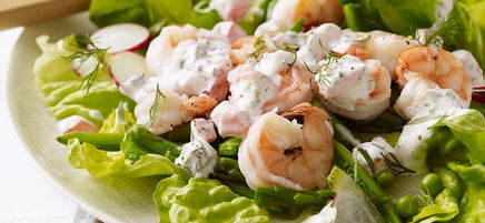 Shrimp, sugar snap pea and asparagus salad with creamy tarragon dressing