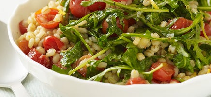 Barley, grape tomato and arugula saute