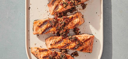 Grilled salmon with quick tapenade