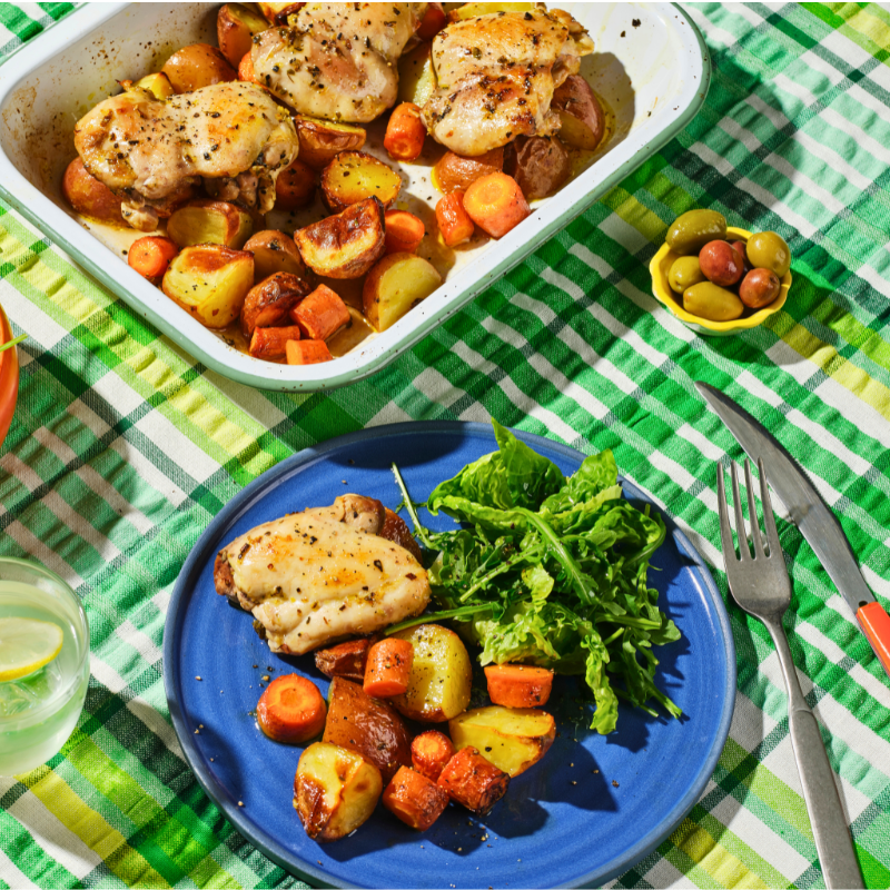 Photo of Rosemary chicken thighs with roasted potatoes and carrots by WW