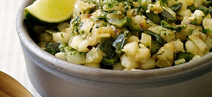 Hominy and poblano pepper sauté