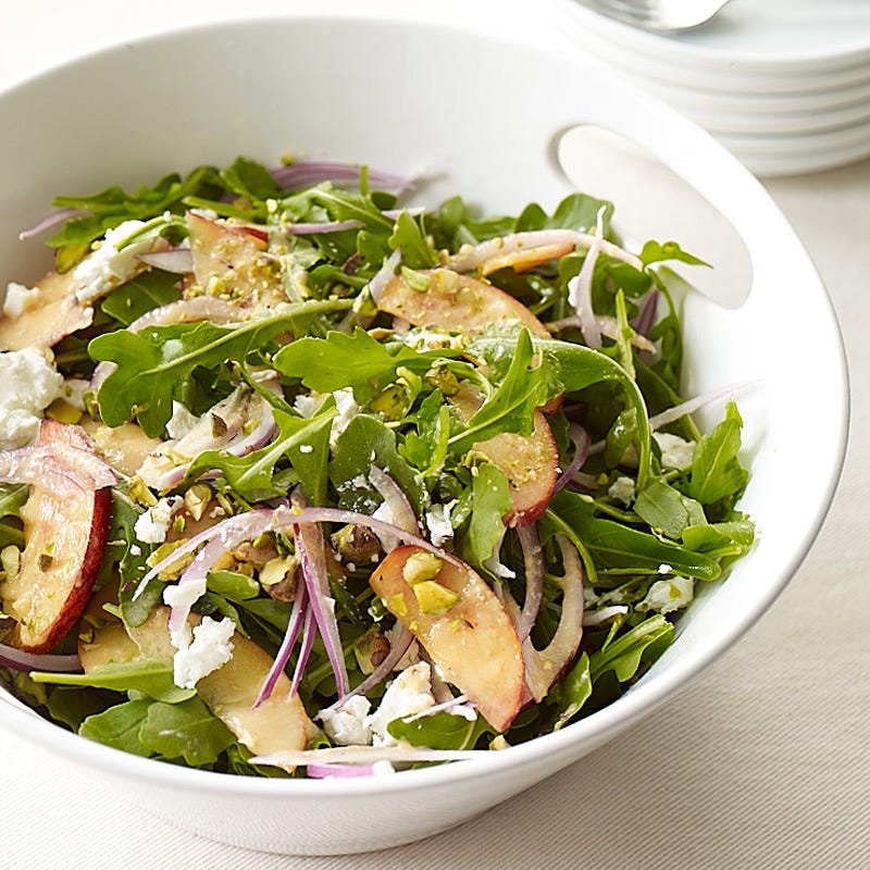 Photo of Arugula, peach, and goat cheese salad by WW