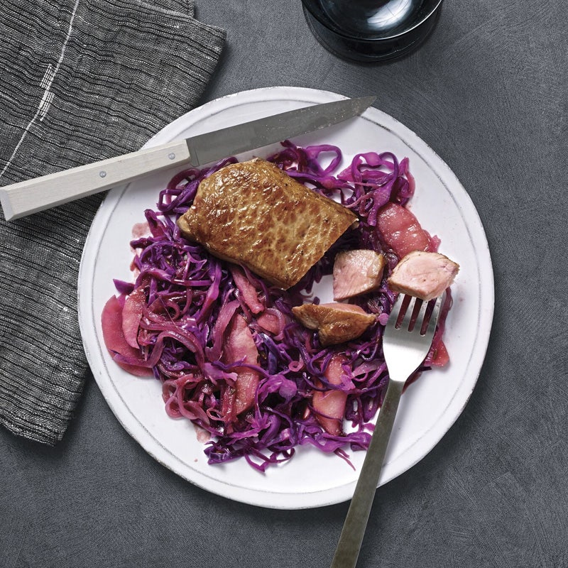 Cider-glazed pork chops with cabbage and apples