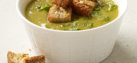 Creamy Asparagus-Leek Soup with Homemade Croutons