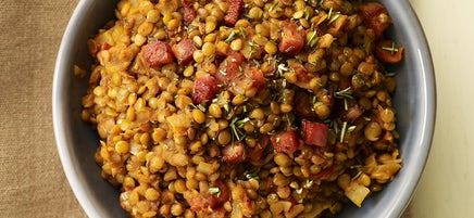 Warm lentil salad with pancetta, tomato, and rosemary
