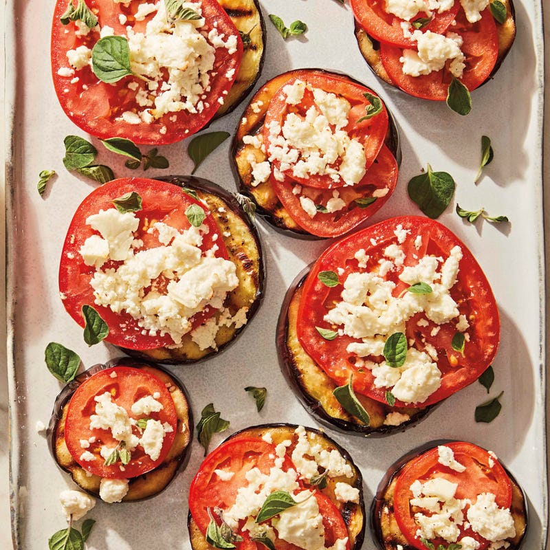 Grilled eggplant, tomato, and feta stacks