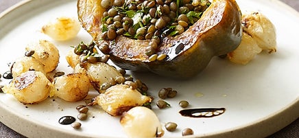 Roasted acorn squash, onion, and lentil salad