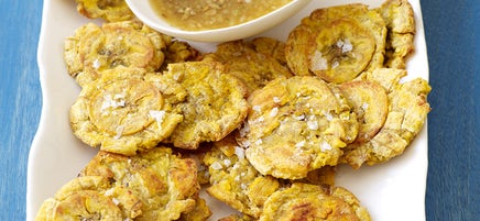Crispy roasted tostones with garlic-lime mojo
