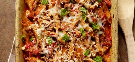 Baked penne with turkey, mushroom, and roasted pepper ragu