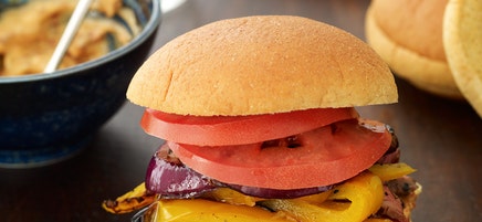 Grilled flank steak and pepper sandwiches with chipotle mayo