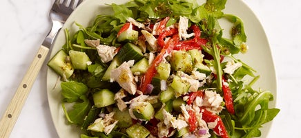 Greek tuna salad over arugula