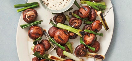 Grilled cremini mushrooms with mustard dipping sauce
