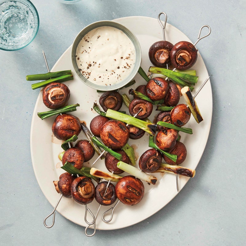 Grilled cremini mushrooms with Dijon dipping sauce