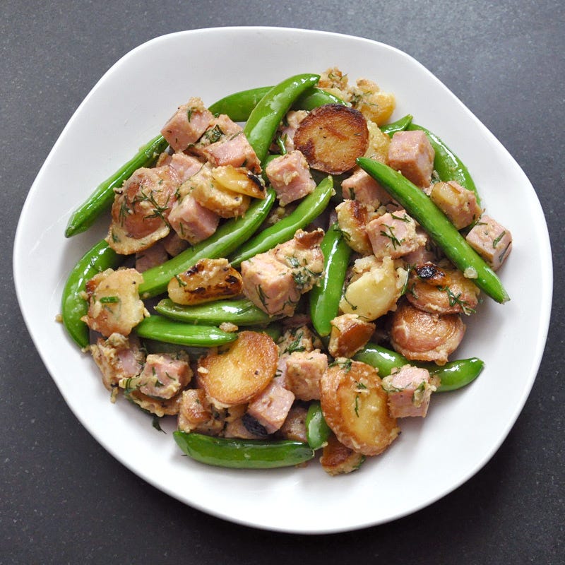 Photo of Stir-fried sugar snaps with potatoes, ham and cheese by WW