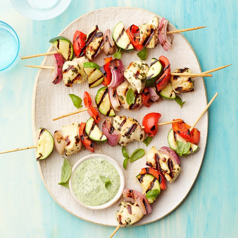 Photo of Grilled vegetable and chicken skewers with creamy pesto by WW