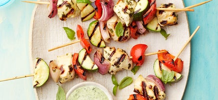 Grilled vegetable and chicken skewers with creamy pesto