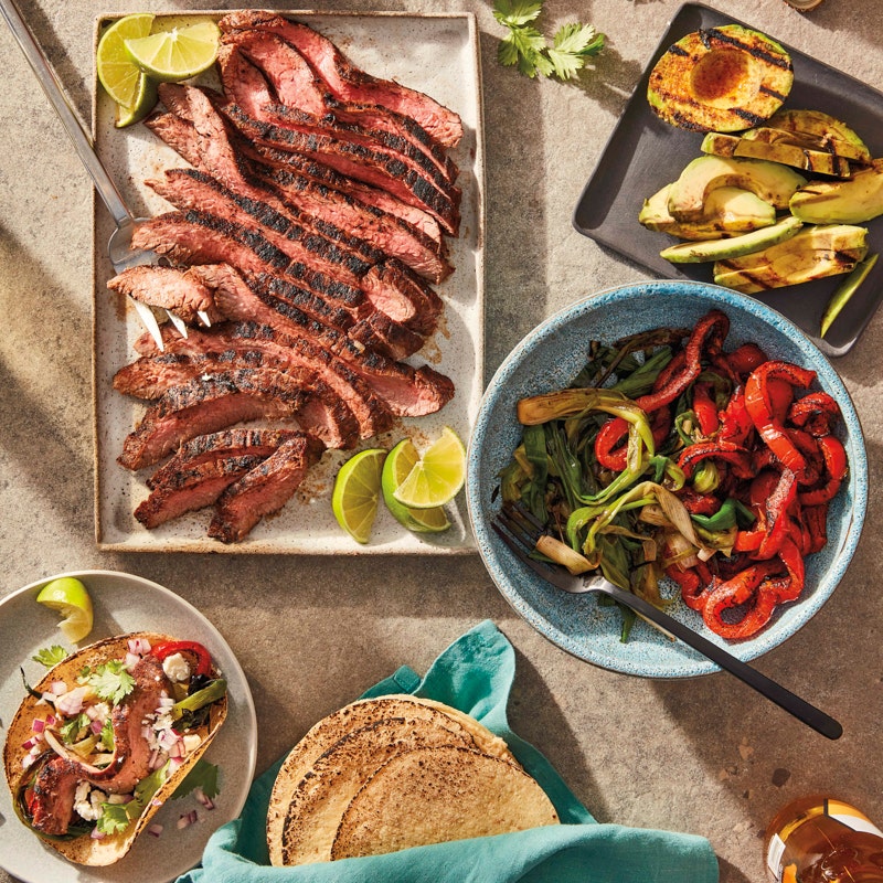Grilled flank steak and avocado soft tacos