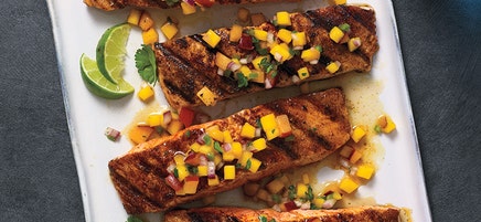 Chili-rubbed salmon with mango-peach salsa