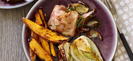 Lemon-thyme roast chicken with sweet potatoes and fennel