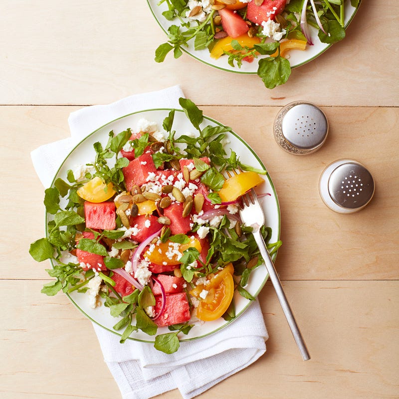 Photo of Watermelon and tomato salad with feta and pumpkin seeds by WW