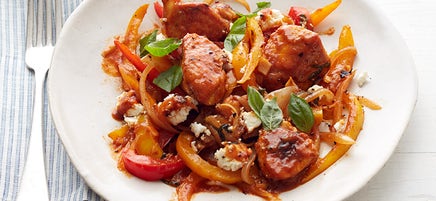 Chicken sauté with bell peppers and goat cheese
