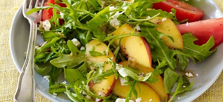 Peach, basil, and tomato salad with balsamic vinaigrette
