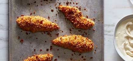 Crunchy Almond & Oat Chicken Fingers with Yogurt-Dijon Dipping Sauce