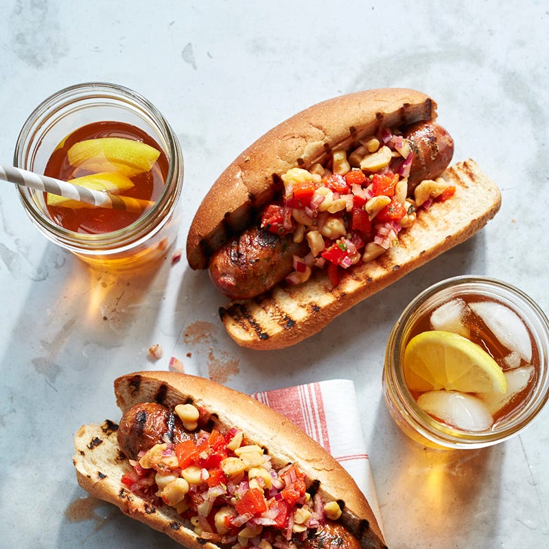 Grilled chicken sausage sandwiches with Spanish chickpea salsa