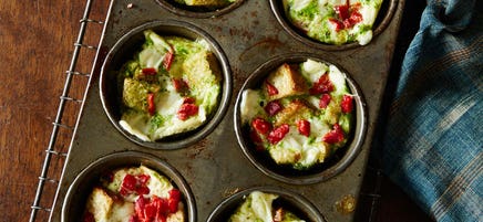 Individual Roasted Pepper and Pesto Breakfast Stratas