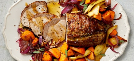 Cider-glazed roast pork with apples, sweet potato & sage