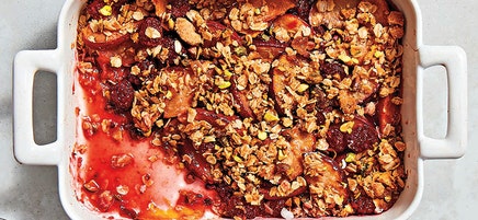 Plum and blackberry crisp with pistachio crumble