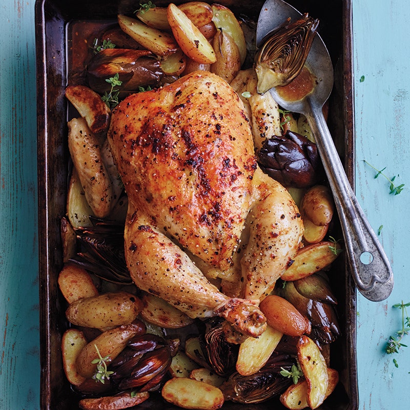 Roasted chicken with artichokes and potatoes