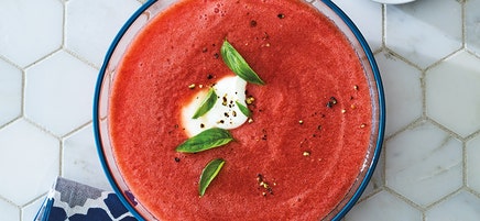 Tomato-watermelon gazpacho with basil and jalapeño