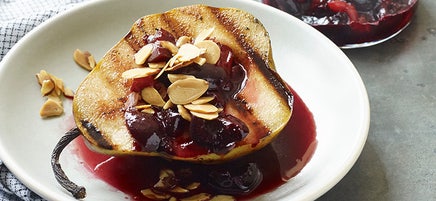 Grilled pears with cherry-almond sauce