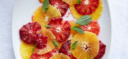 Orange salad with cinnamon, mint, and orange flower water