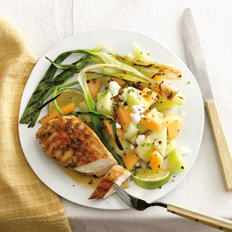 Grilled chicken with minty melon-feta salad