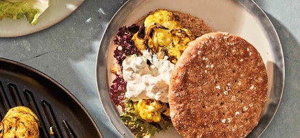 Grilled Curried Cauliflower Burgers with Cucumber Raita