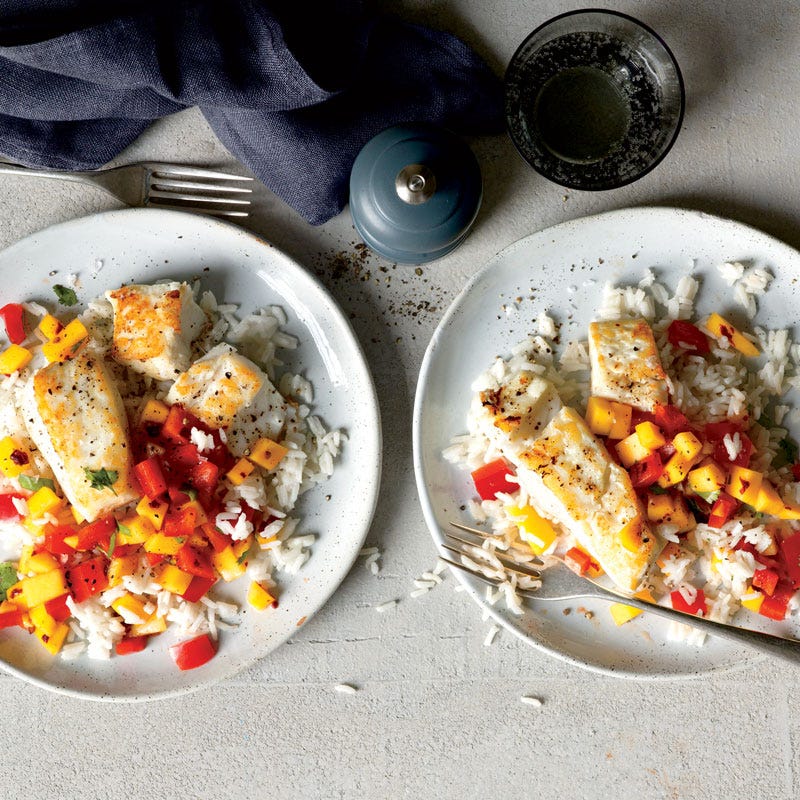 Photo of Sautéed halibut with coconut rice and mango salsa by WW
