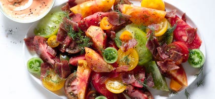 Heirloom tomato salad with bacon and tomato-dill dressing