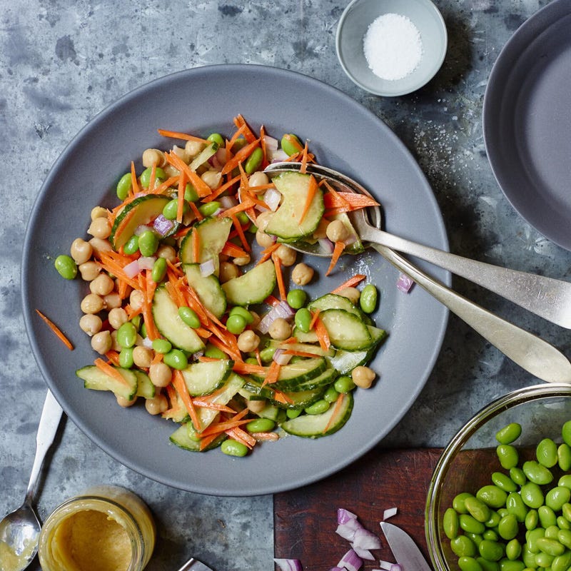 Edamame and chickpea salad with miso dressing