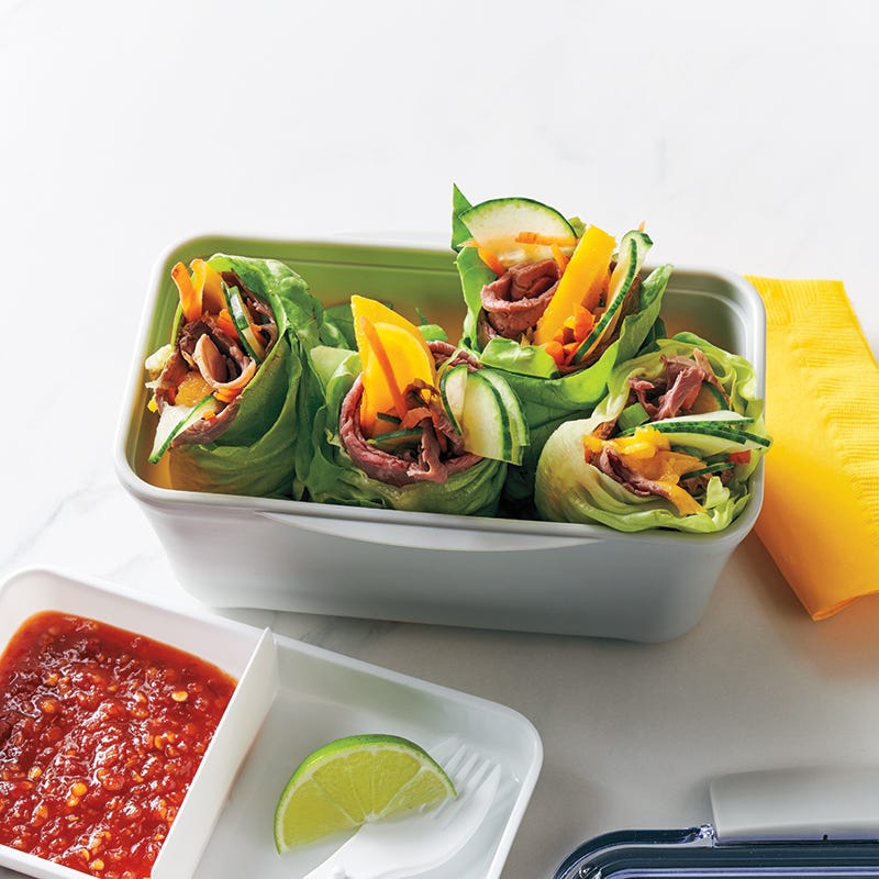 Beef, mango, and cucumber wraps