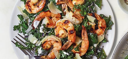 Kale Caesar salad with grilled shrimp