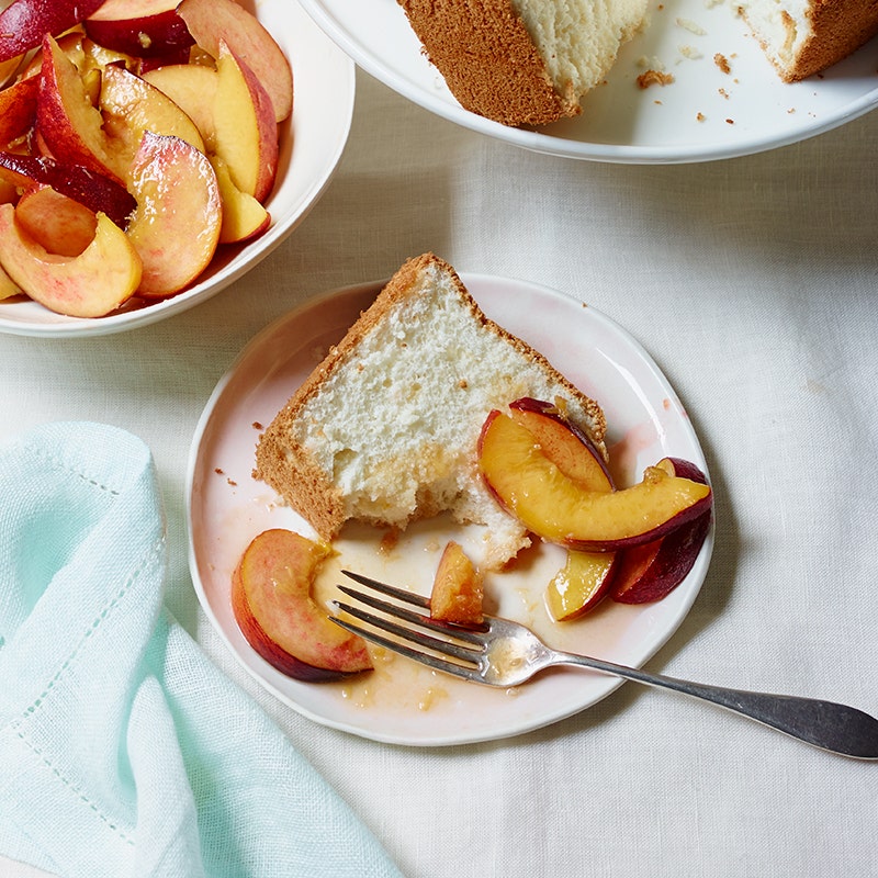 Angel food cake with peach-bourbon sauce