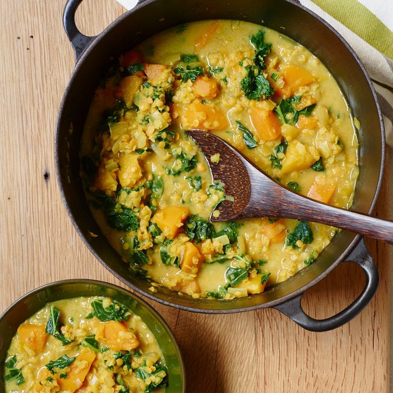 Curried lentil stew with butternut, kale, and coconut