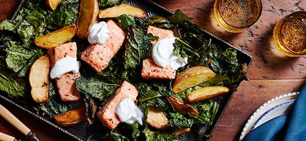 Sheet pan salmon with crispy kale and potatoes