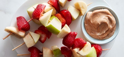 Chocolate-peanut butter party dip with fruit kabobs
