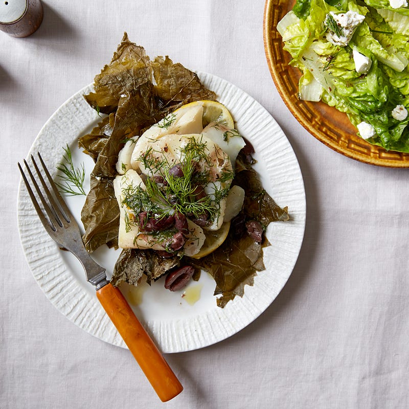 Photo of Cod in Grape Leaves with Lemon, Olives and Dill by WW